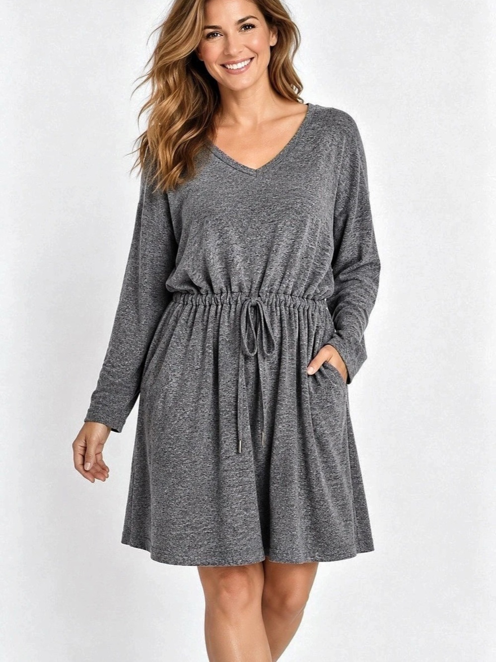 Soft Surroundings Dress PXL Gray Knit V Neck Drawstring Pockets Stretch Petite